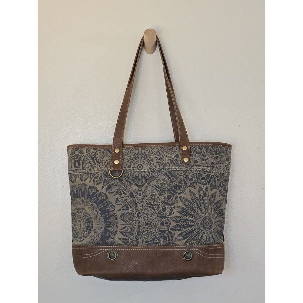 Myra Bag D'Art Leather Trim Tote Upcycled Canvas Western Boho Shoulder Bag Large